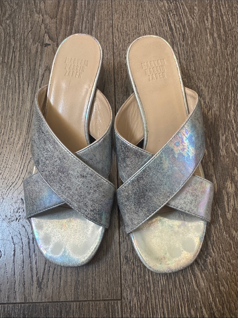 Maryam Nassir Zadeh Iridescent Silver Cross-Strap Slide Sandals